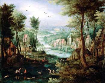 Jan Brueghel il Vecchio, Paesaggio fluviale con bagnanti, 1595-1600